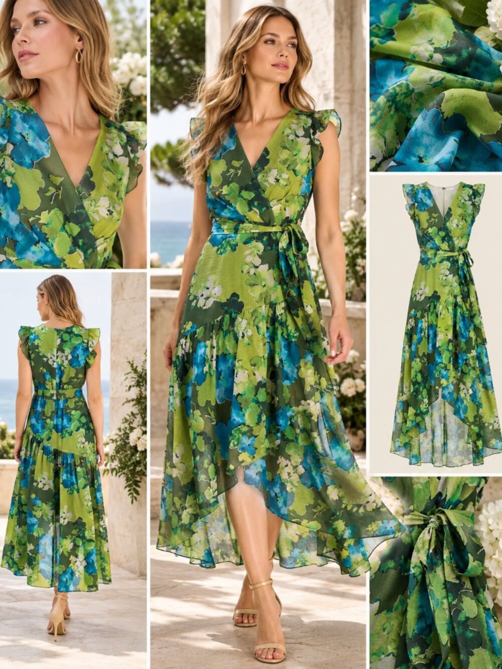 Anne Klein Floral Chiffon Wrap High Low Midi Dress Ivy Multi Size 4 NWT